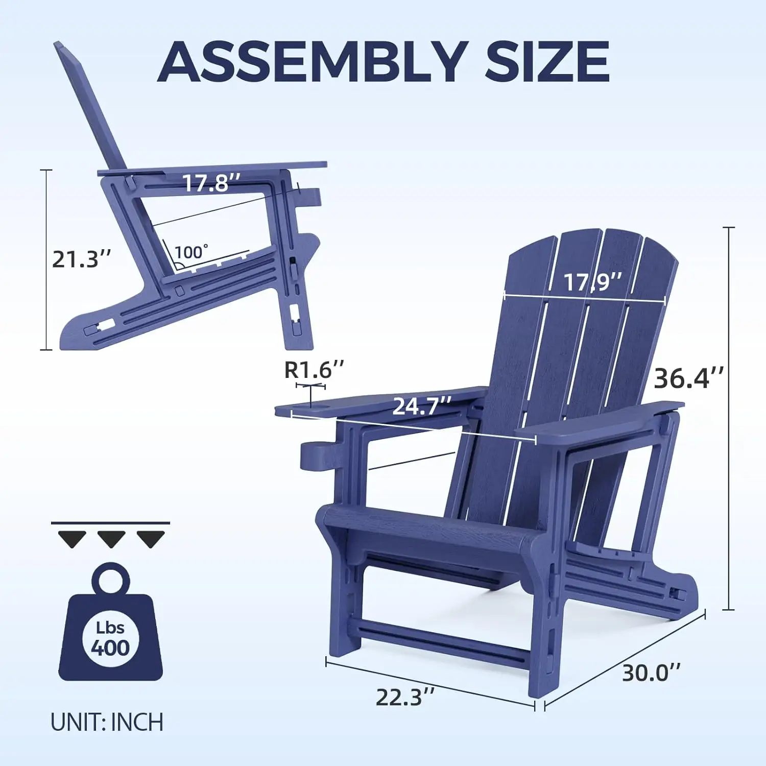 Adirondack Chair. Plastic. No Screws. Cup Holder. 400 LBS. Recliner. Garden Chair. Backyard, Lawn, Beach. Navy Blue.