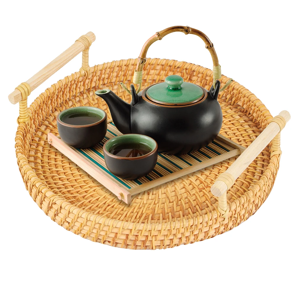Handwoven Rattan Storage Tray Dinner Serving Tray With Handle Fruit Cake Wicker Basket Breakfast Bread Food Plate 4