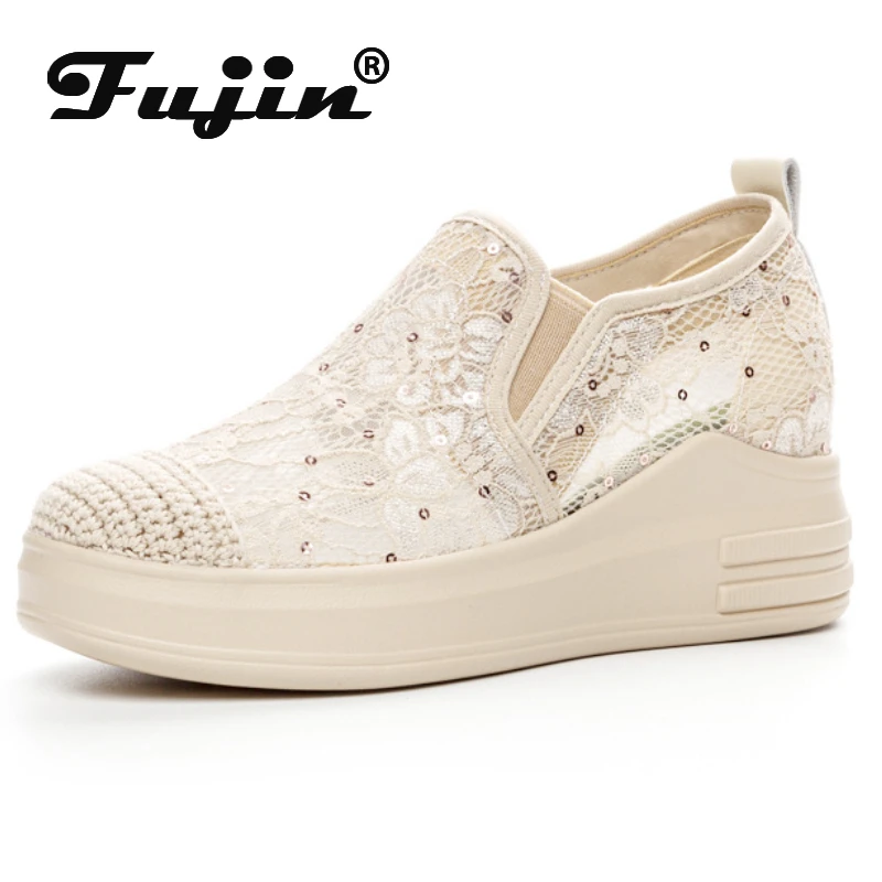 

Fujin 7cm Synthetic Air Mesh Platform Wedge Flats Bling Summer Fashion Chunky Sneaker Casual Breathable Comfy High Brand Shoes