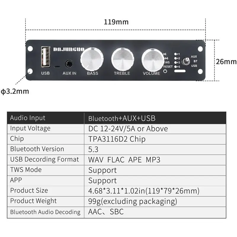 FULL-TW100U 100W 모노 앰프 보드, TPA3116D2 디지털 파워 앰프 모듈(내장 스텝업 전압 회로 포함)(19V/24V)