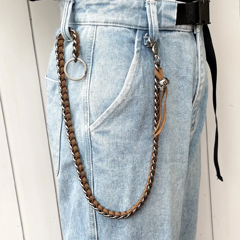 Mens Punk Metal Pants Chain Vintage Grey Hip Hop Trousers Waist Jeans Chain