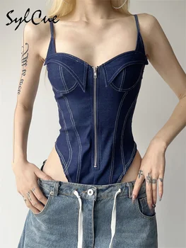 Sylcue 2023 Summer New Classic Retro Cool All-Match High Street Sexy Mature Charm Hot Women'S Zipper Jumpsuit Bodysuit 1