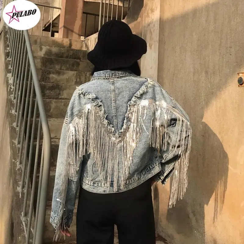 

PULABO Vintage Oversized Women Jeans Jacket with Tassel Autumn Streetwear Loose Female Denim Coat Jackets Long Sleeve Outwear