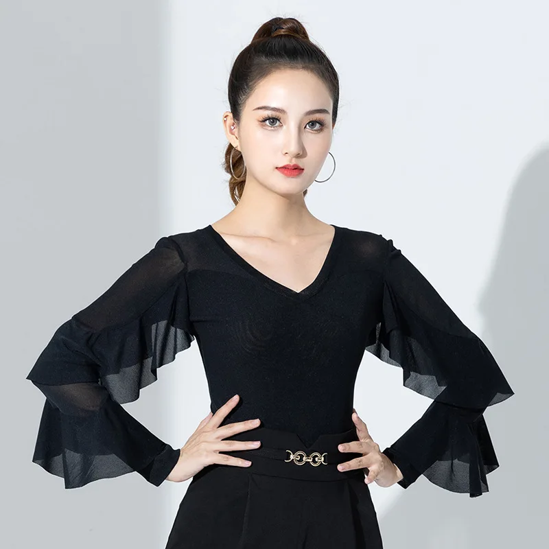Women Sequin Latin Top New Autumn Long Sleeve Jumpsuit Adult Women International Ballroom Dance Costume Modern Latin Dance Tops