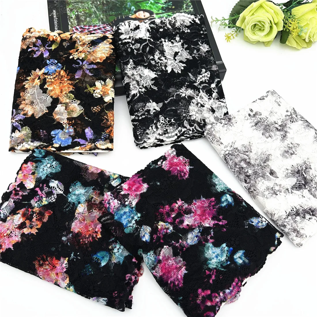 3y/lot Width18cm Mixed Black Floral Elastic Stretch Lace Trim 1
