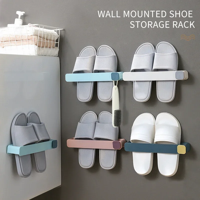 

Bathroom Slipper Rack Self Adhesive Punch-free Wall-Towel Mounted With Hook Space-Saving Toilet Wall Door Home Storage Shelf