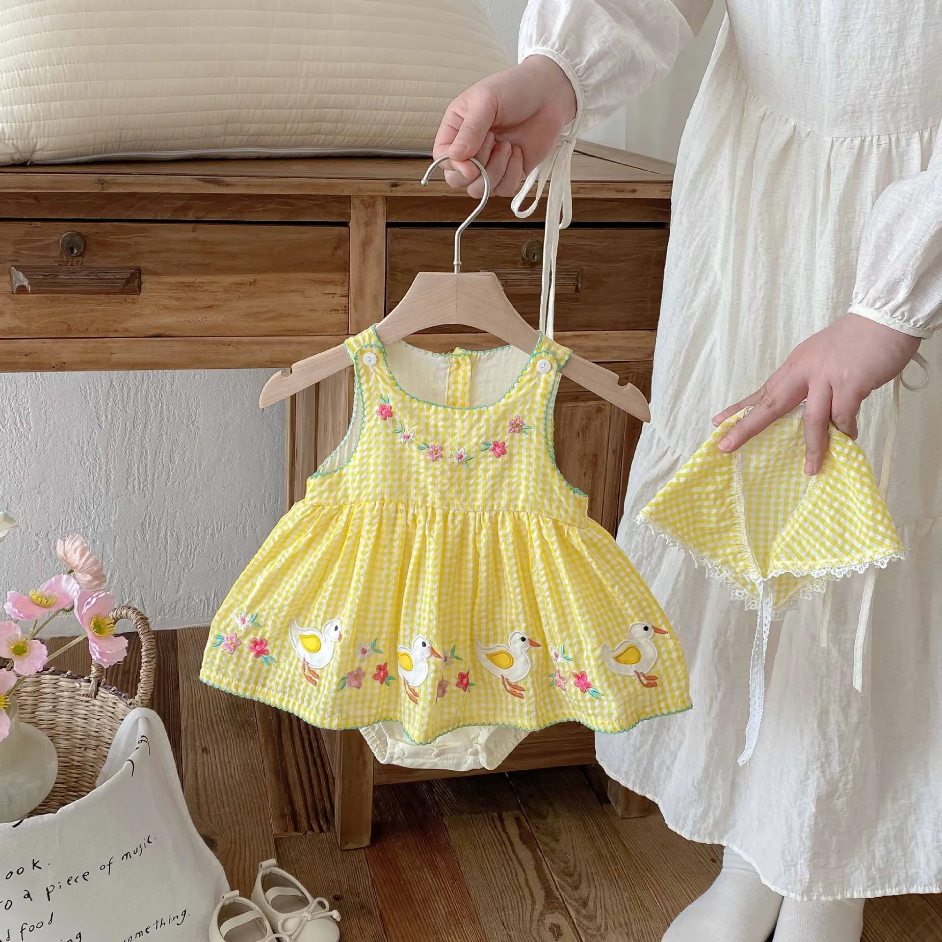 Cotton Baby Girl Summer Onesie with Yellow Plaid and Duck Patterns