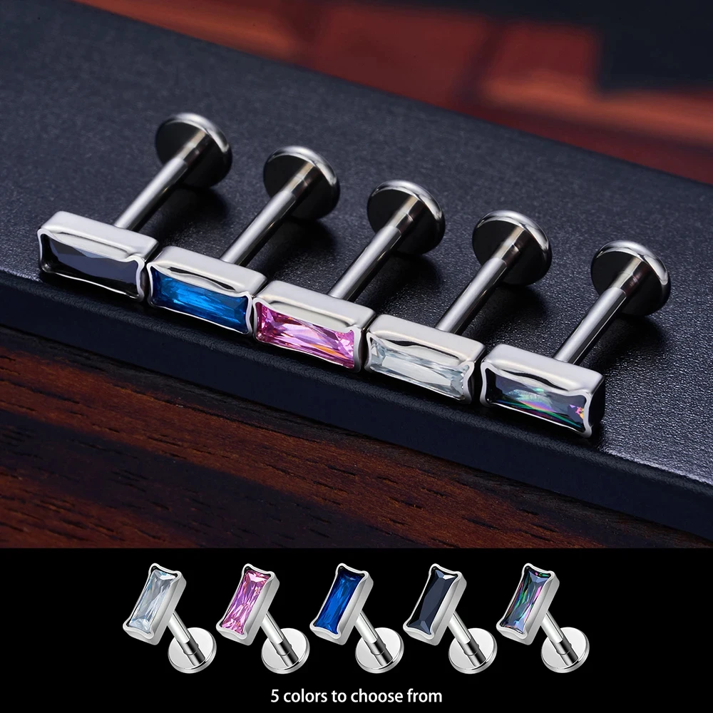 Square Zircon Labret F136 Titanium Nose Stud Perforated Threaded Lip Earring Cuffs Tragus Cartilage Body Piercing Jewelry