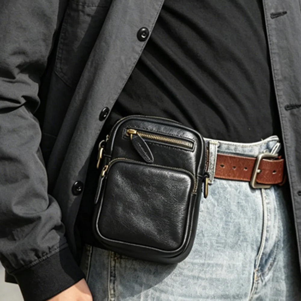 ZRCX Genuine Top Grain Cowhide Waist Bag Portable Crossbody Phone Bag Multifunctional Daily Pouch