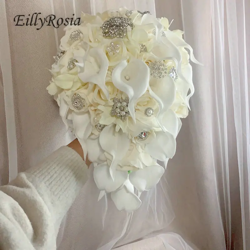 EillyRosia Romantic Cream White Waterfall Bridal Bouquet with Brooch Real Touch Wedding Flowers for Bride