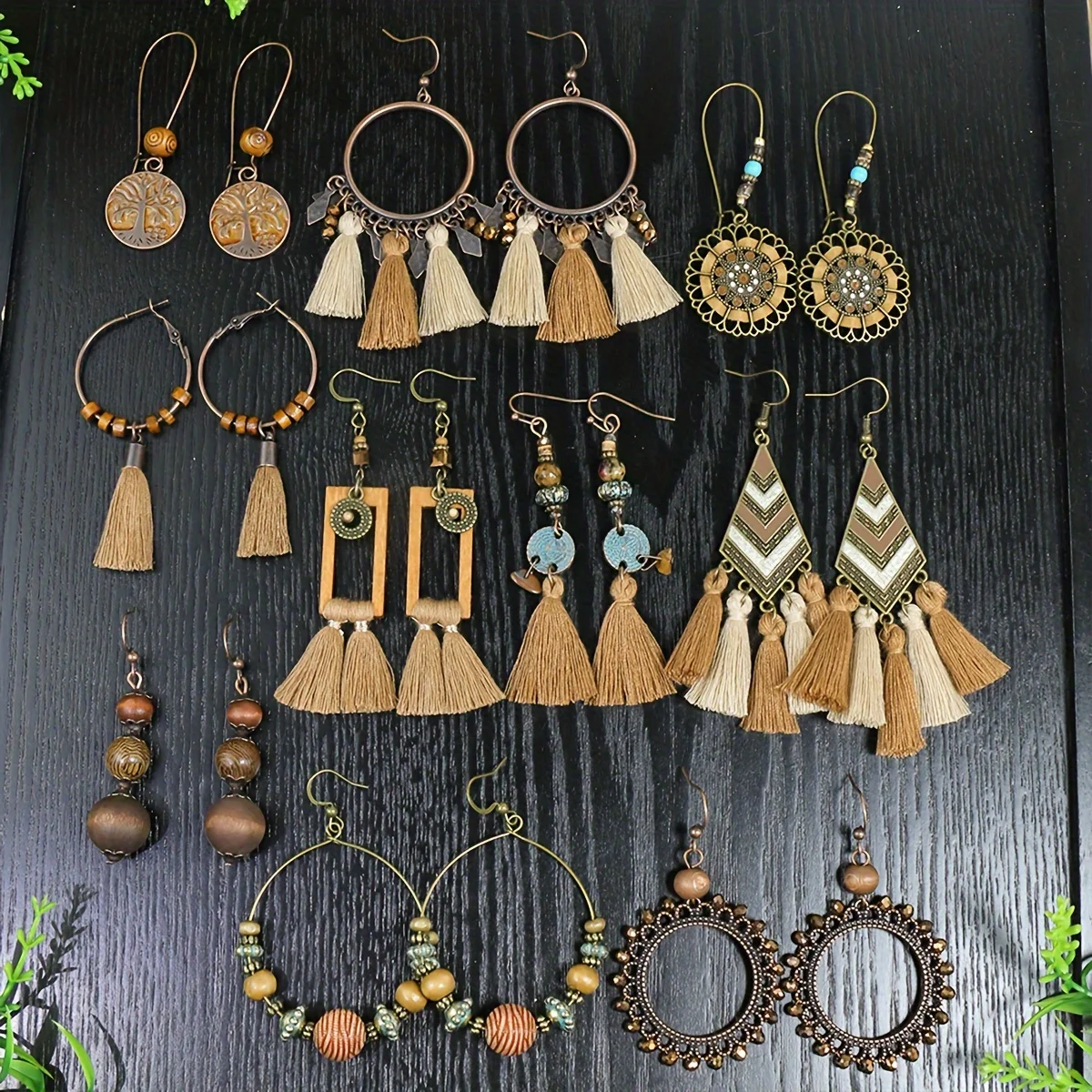 12 Paia Orecchini In Legno Africano – Forma Goccia E Cerchio, Stile Boho Etnico, Leggeri Vintage - 2