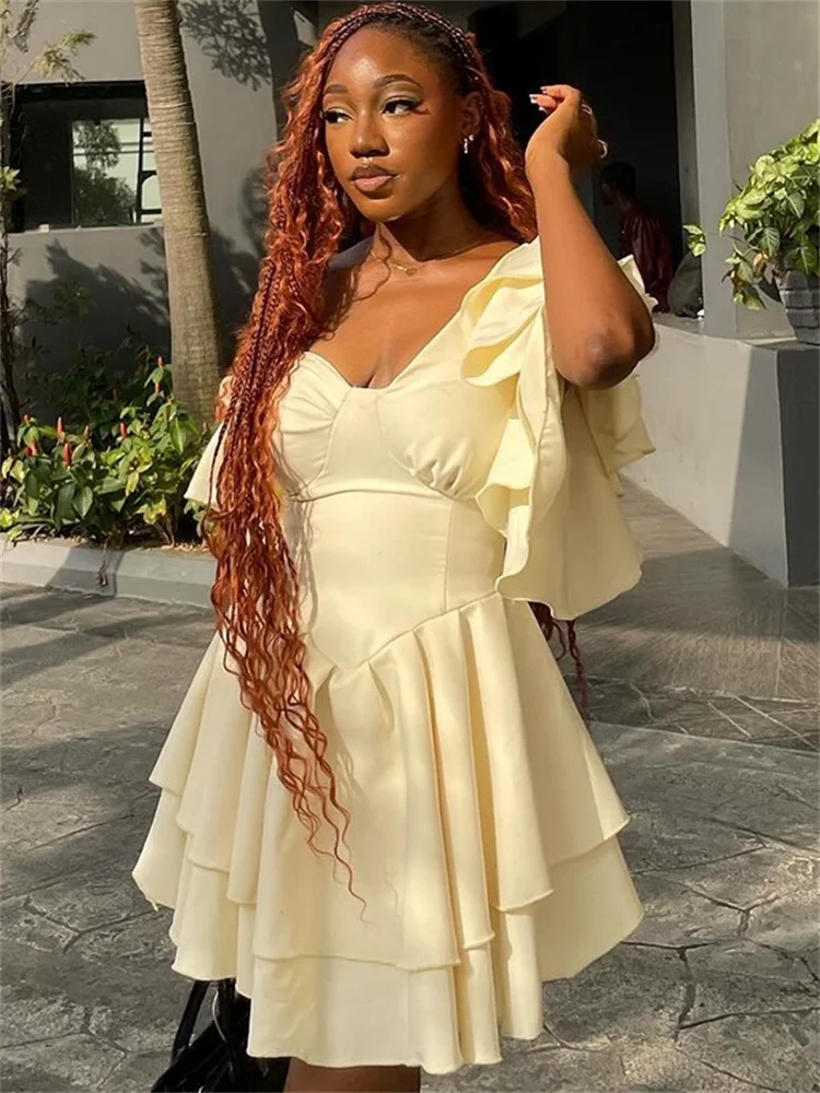 Wmstar Dresses for Women Wholesale Party Pleated Leaf Sleeve Irregular Diagonal Collar Birthday Outfits Midi Dress Summer 2025