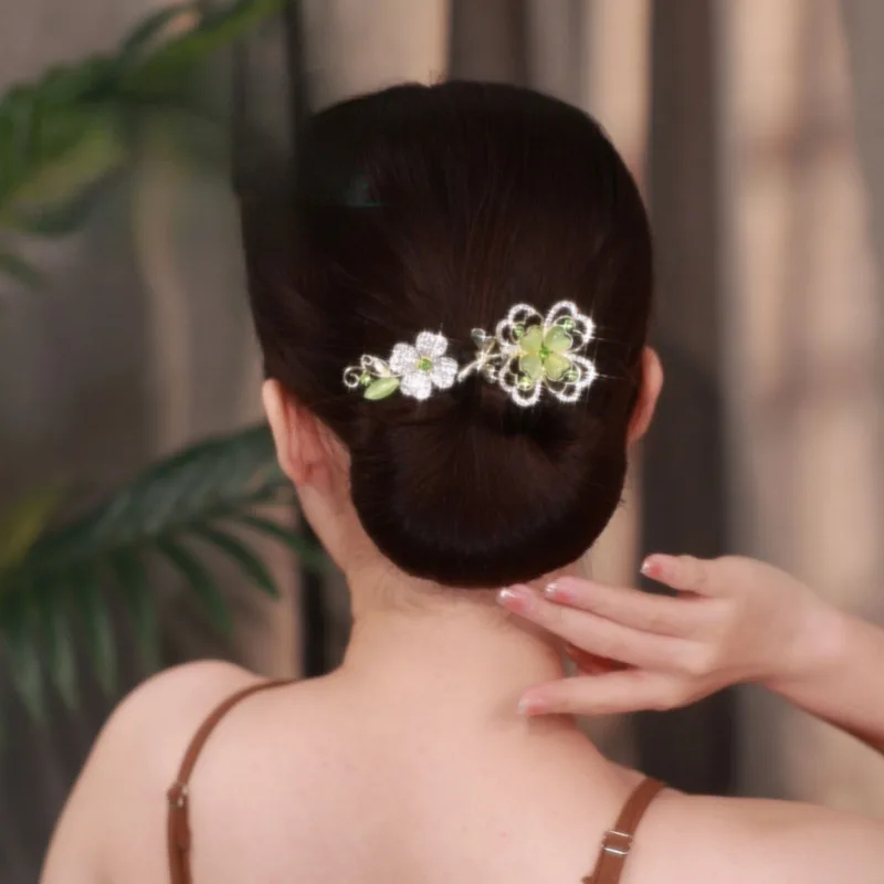 여성용 패션 녹색 클로버 Updo 헤어 액세서리, 레트로 럭셔리 지르콘 꽃 머리핀, 레이지 맨 타이 업 비녀 엄마 모자