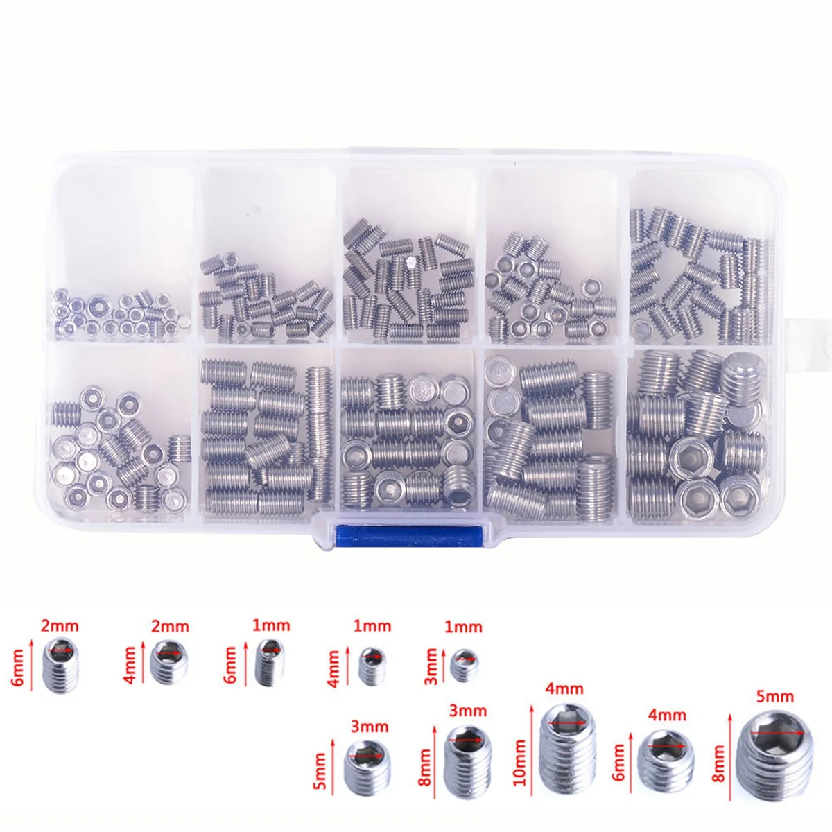 ABZV-200Pcs 304 Stainless Steel Grub Screws Hex Socket Screw Assortment Kit Set M3/M4/M5/M6/M8