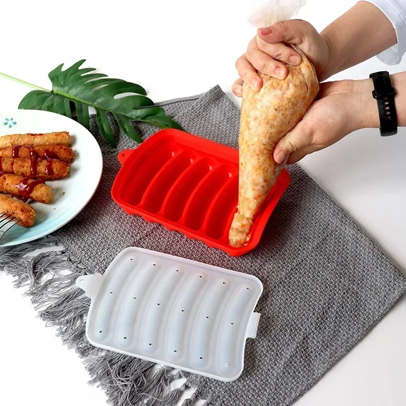 Sausage Mold Silicone Food Grade Sausage Mould 6 Cavity Homemade Ham Hot Dog Making Tray Household Cake Baking Mold with Lid Kitchen Tools