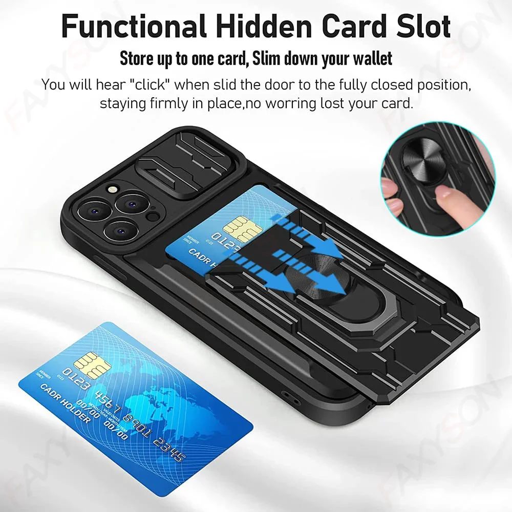 Phone Case For iPhone 17 16 15 14 13 12 11 Pro Max Plus SE Slide Camera Card Slot Military Grade Ring 360 Magnetic Back Cover