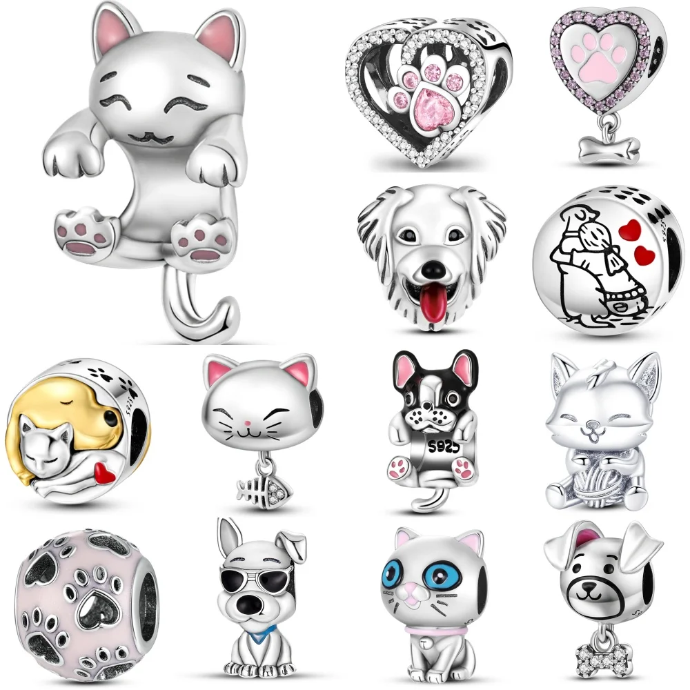

925 Sterling Silver Cute Cat And Dog Paw Print Animal Series Charms Beads Fit Original Pandora Bracelets S925 DIY Jewelry Gifts