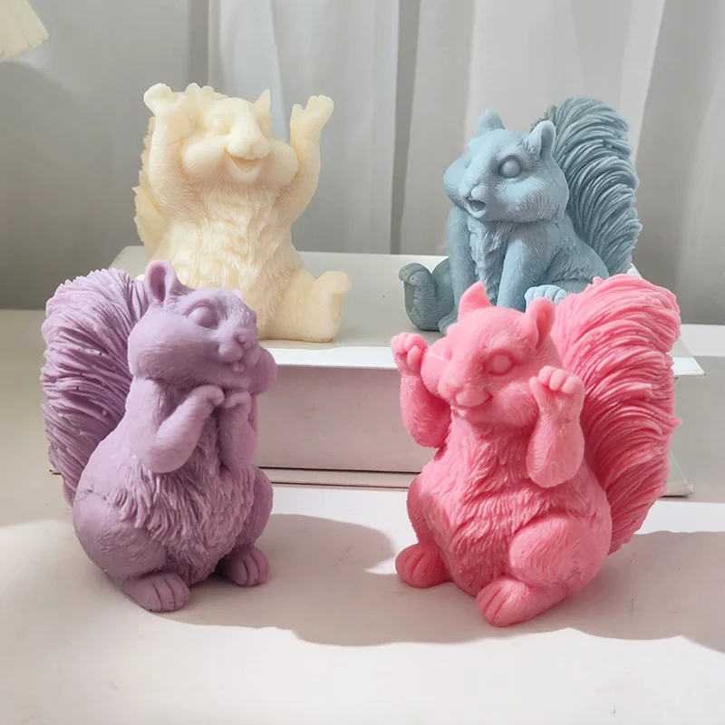 Four Cute Squirrels Candle Silicone Mold DIY Lovely Animal Squirrel Shape Plaster Candle Making Mould Resin Molds Home Decor