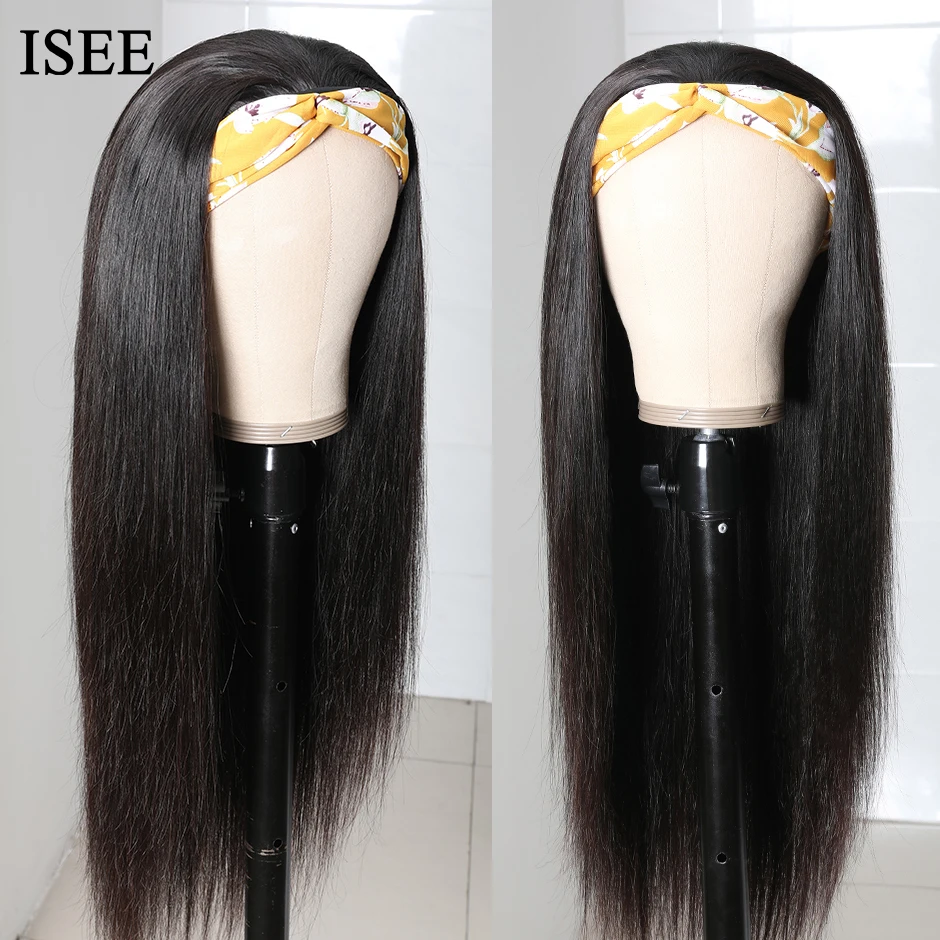 Straight Women's Headband Wig Malaysian Human Hair Wig Straight No Lace Scarf Wigs NO Glue Natural ISEE HAIR For Female human hair wig human hair wigs