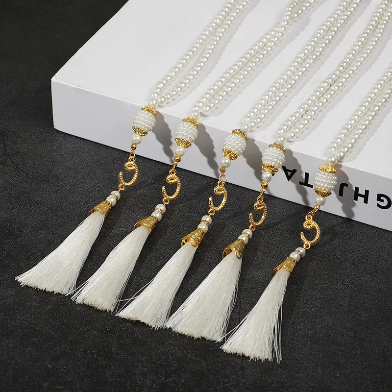 6mm 99pcs Glass Pearls Islamic Prayer Beads Bracelet with Tassel Muslim Party Home Decoration Eid Mubarak Ramadan Gifts Supplies