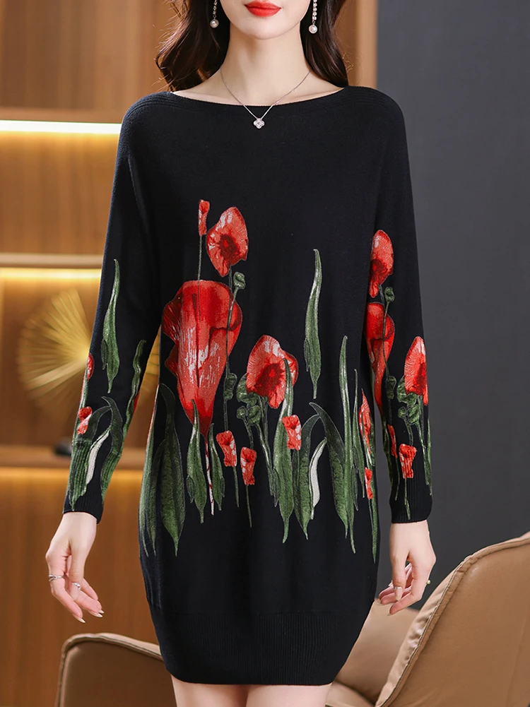 YISU 2023 Autumn Winter New Sweater Dresses Women Fashion Flower Printing Jumper Loose Long Knitted Pullover Soft Sweater Dress 2