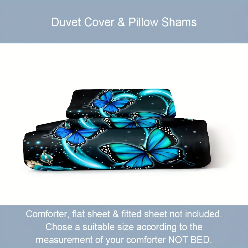 3pcs Enchanting Butterfly & Rose Floral Duvet Cover Set - Breathable Polyester, Zip Closure, All-Season Comfort - Vibrant Blue
