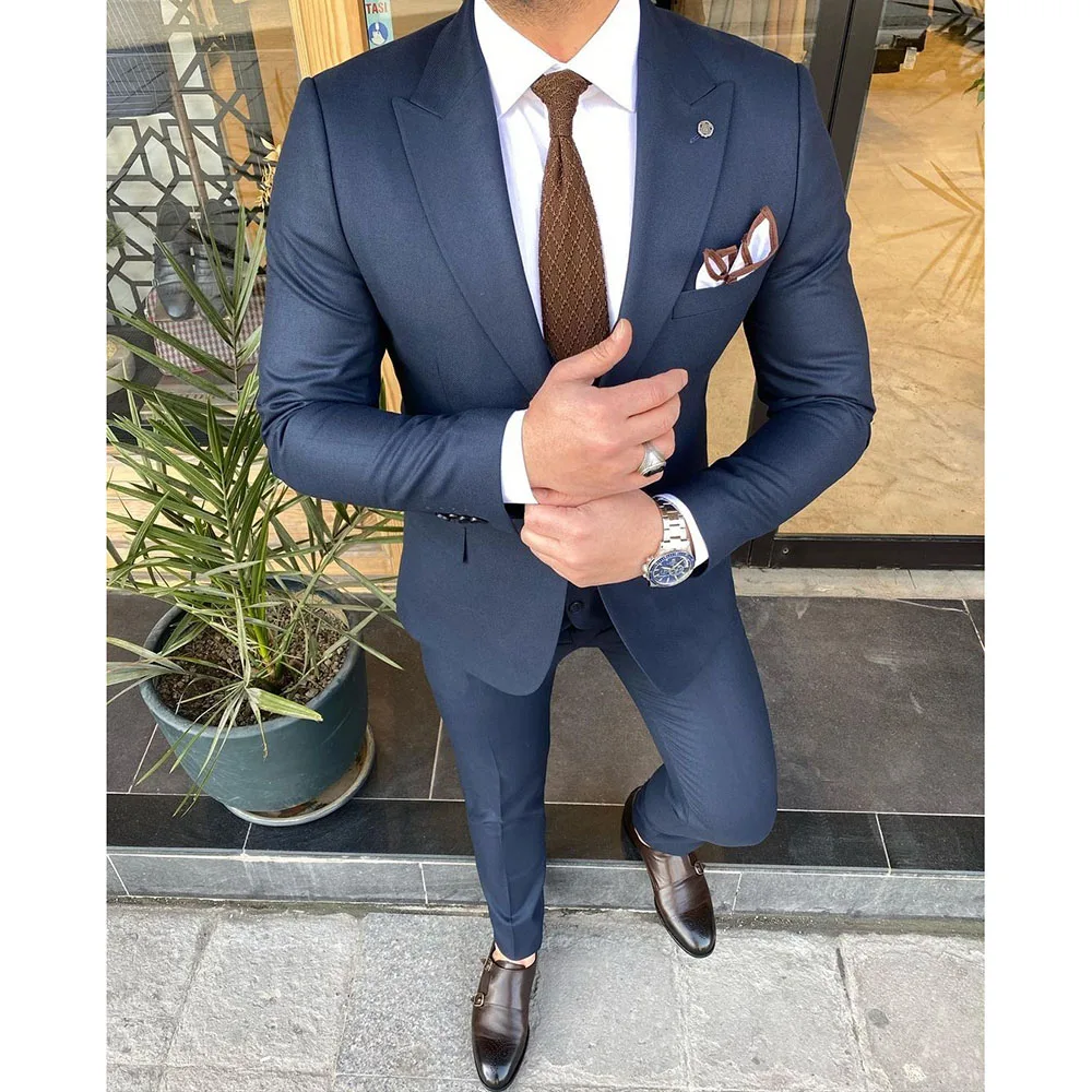 

Single Breasted Peak Lapel Blue Slim Fit Men Suits Chic Flat Front Business Office Work 2 Piece Jacket Pants Set Blazer Homme