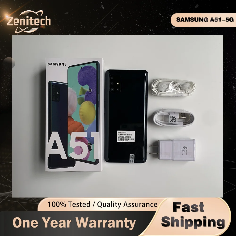 Téléphone mobile Samsung Galaxy A51 A516U 5G d'origine, 6,5 pouces, 6 Go de RAM, 128 Go de ROM, lecteur d'empreintes digitales, NFC, processeur octa-core, Android A51 1