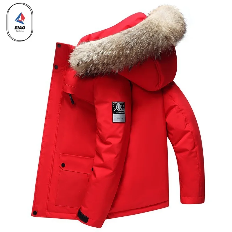 EIAO Outdoor Ski White Duck Down Parka Men Wome Winter Fashion Multi-Pocket Down Jacket Hiking Windproof Fur Collar Puffer Coat