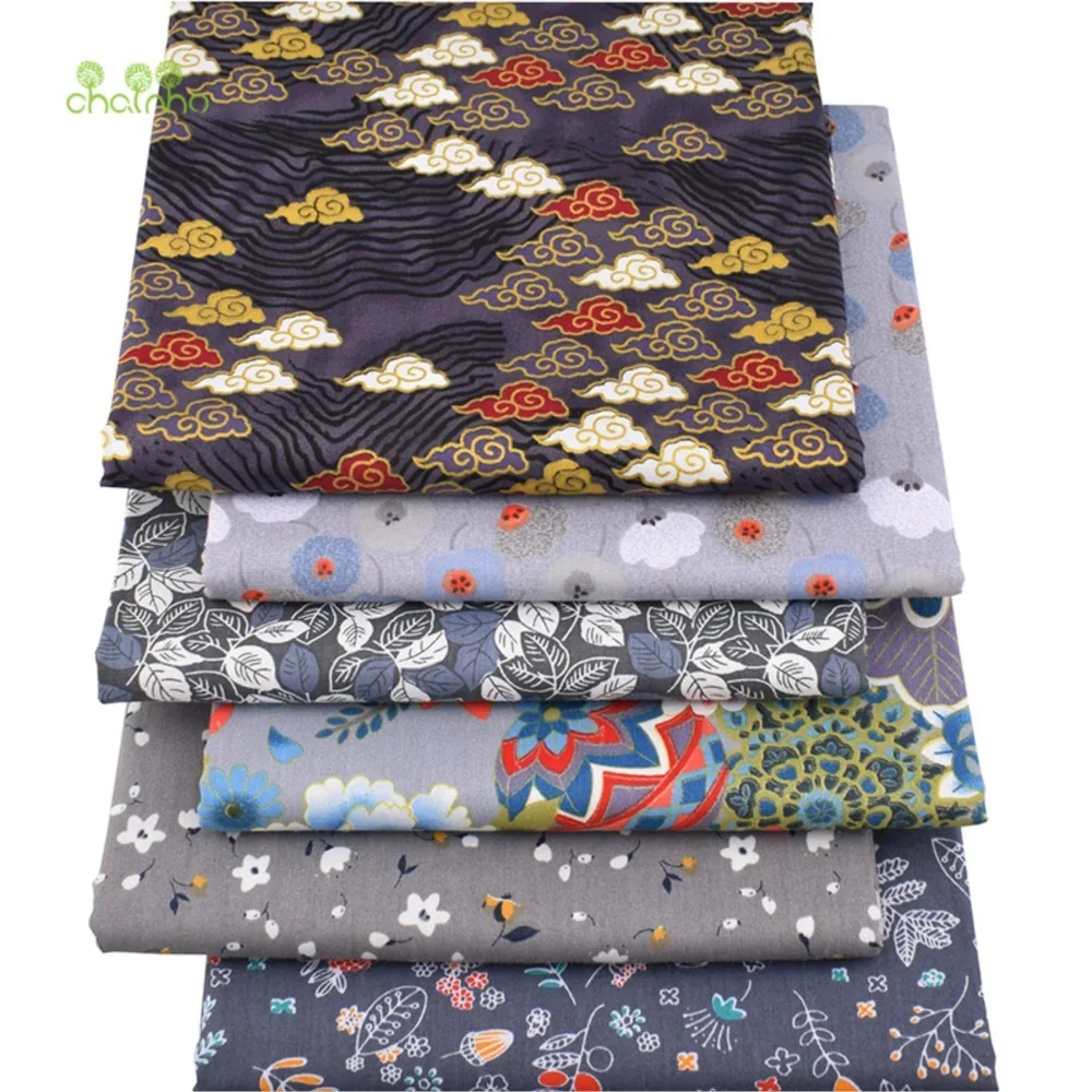 Chainho,Printed Twill Cotton Fabric,Patchwork Cloth,DIY Sewing Quilting Material,Dark Gray Floral Series,6 Designs,2 Sizes,15C9