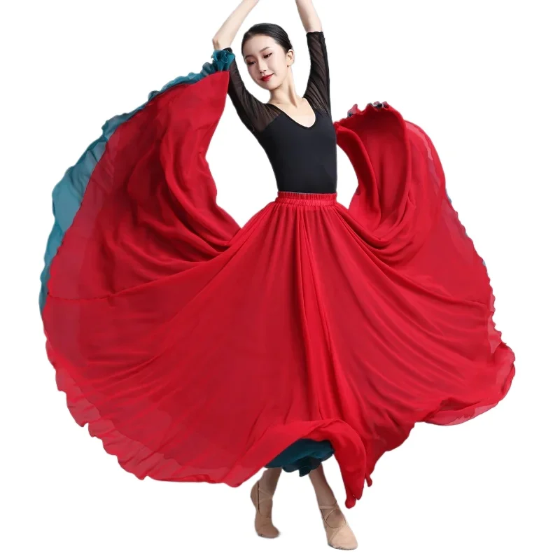 

720 Degree Flamenco Chiffon Dance Skirt for Women Solid Color Long Skirts Dancer Practice Wear Chinese Style Skirt with Big Hem