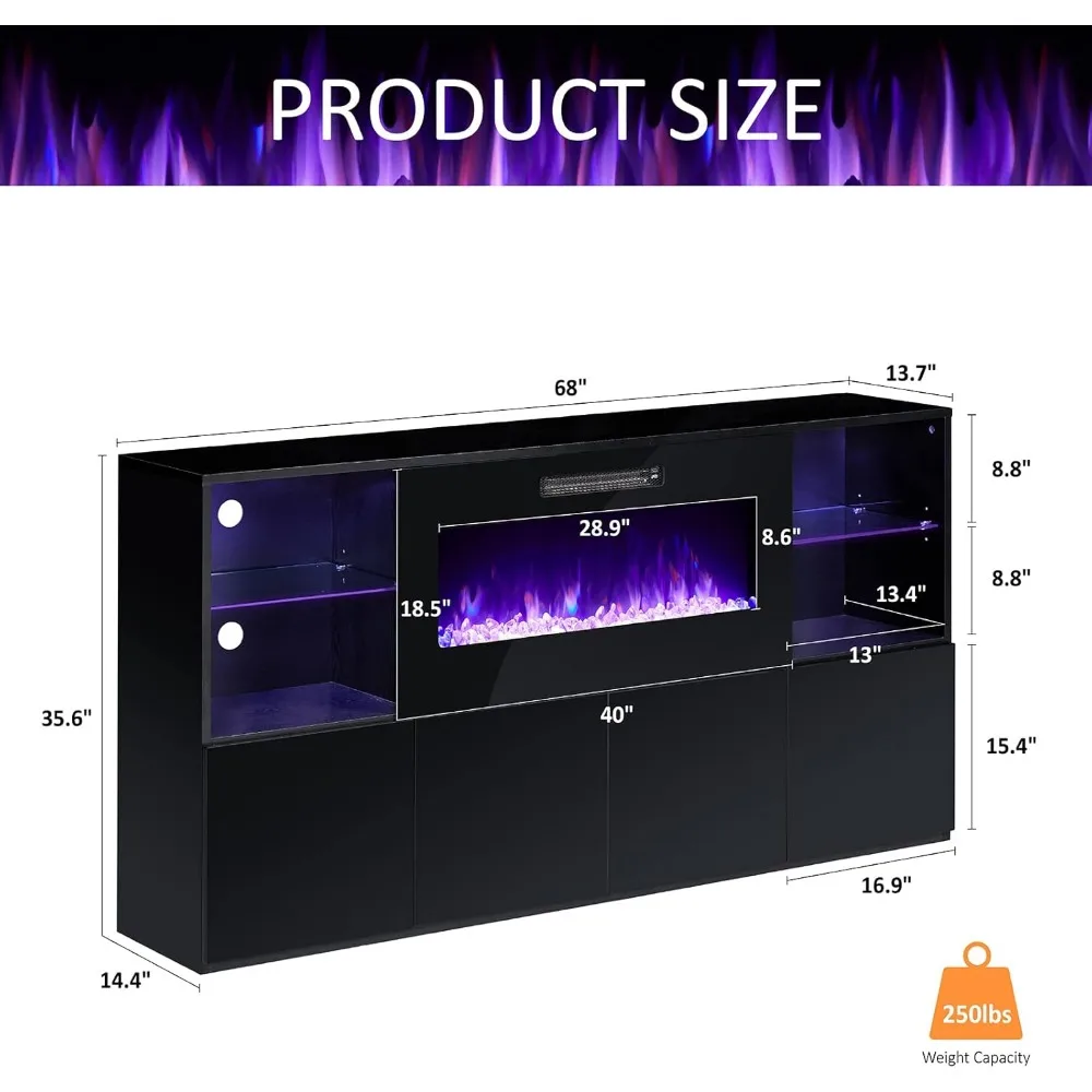 68" Fireplace TV Stand with 40" Fireplace, Modern High Gloss Fireplace Entertainment Center with LED Lights for TVs up to 78" 6