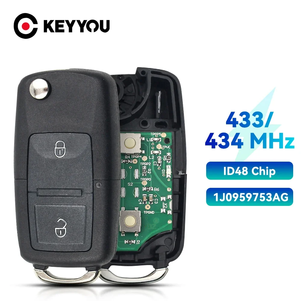 KEYYOU 2 Taste Auto Remote Key 434MHz 433MHz ID48 Chip Für VW Beetle Bora Golf Passat Polo Transporter t5 1J0959753AG