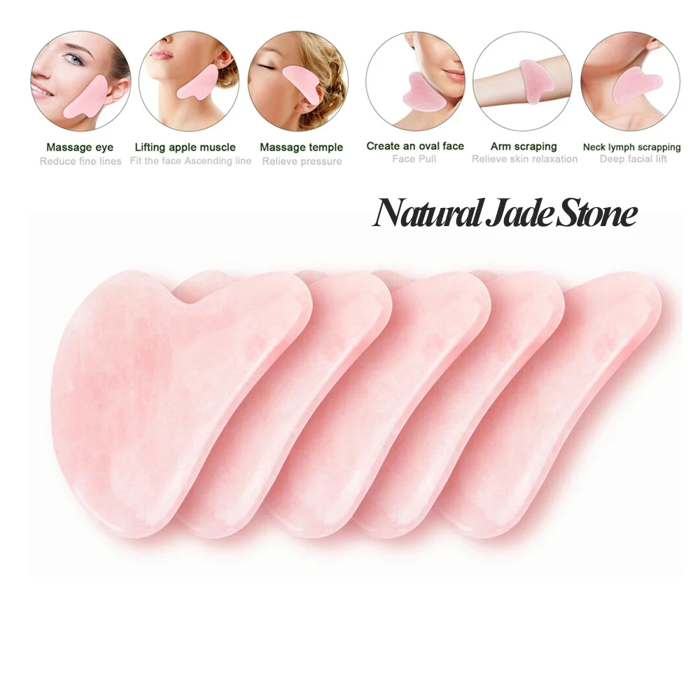 5pcs Facial Gua Sha Massage Scraper Rose Quartz Jade Stone Face Eyes