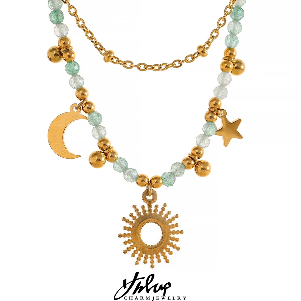 Natural Stone Beads Handmade Double Chain Layered Stainless Steel France Necklace