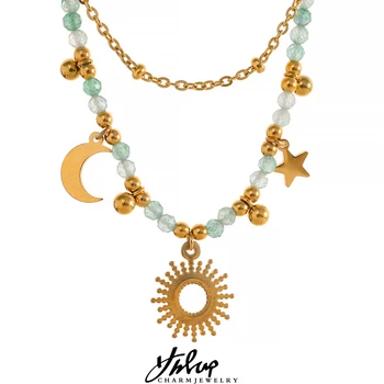 Natural Stone Beads Handmade Double Chain Layered Stainless Steel France Necklace