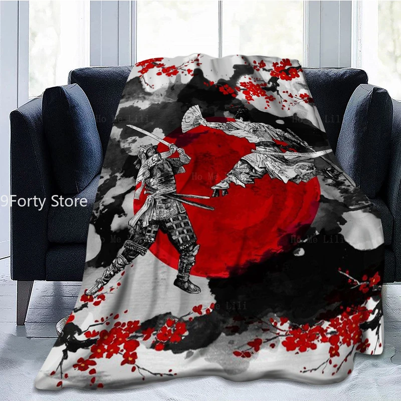 

Japanese Samurai Theme Throw Blanket Sakura Duel Ukiyoe Tattoos Asian Style Soft Flannel Blanket for Bed Sofa Home Decor Gifts