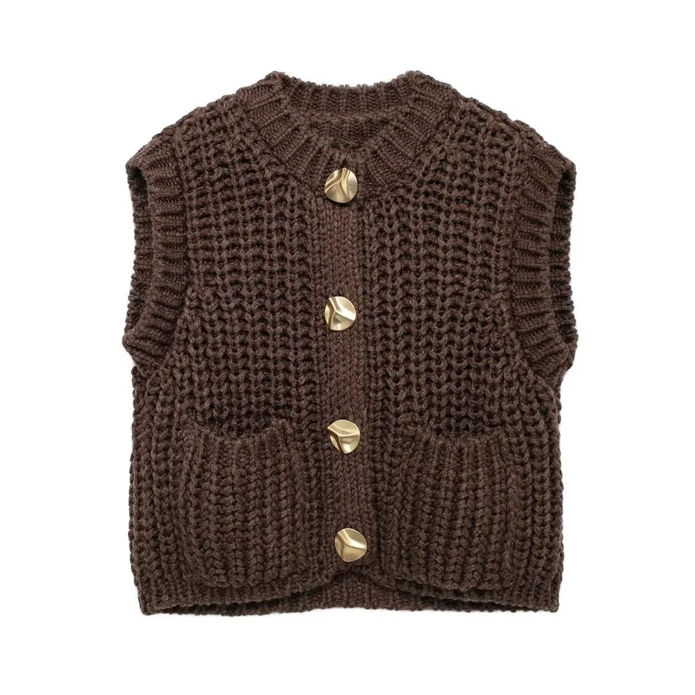 Zach Ailsa women's single breasted pocket cardigan autumn and winter new item thick needle sleeveless round neck knitted vest 3