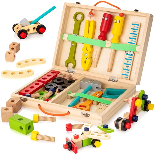 Kids Wooden Toolbox Pretend Play Set Educational Montessori Toys Nut Disassembly Screw Assembly Simulation Repair Carpenter Tool 1