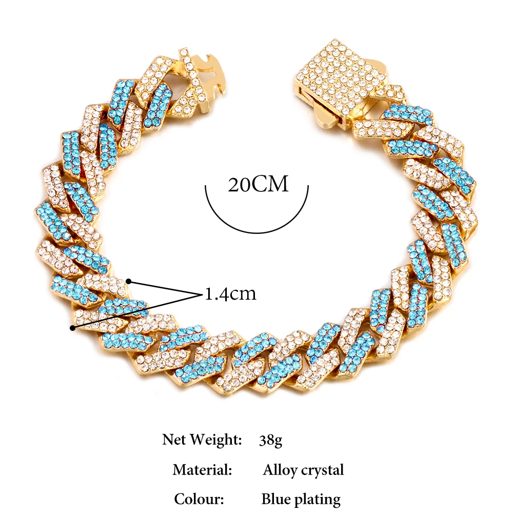 HipHop 14mm blau Raute kubanische Glieder kette Halskette für Männer Frauen bling Feder verschluss kubanische Kette Halskette Armband Set Schmuck – Detail 12
