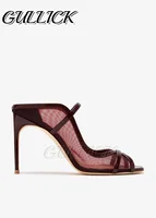 Sandales mules rouge bordeaux, bout ouvert, talons hauts, chaussures à Double lanières, chaussures à enfiler, pantoufles extérieures à enfiler, été et automne 3