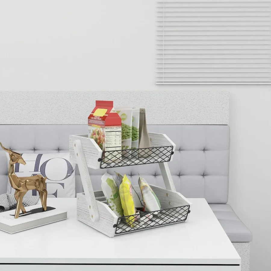 Fruit Basket for Kitchen 2 Tier Fruit Bowl Kitchen Counter Organizer Wooden Vegetable Holder for Countertop Bread Storage Baske