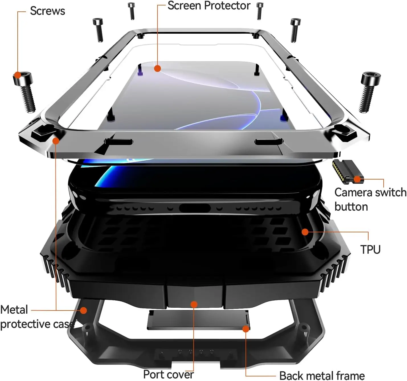 Premium Metal Heavy Duty Case with Kickstand and Glass Screen Cover