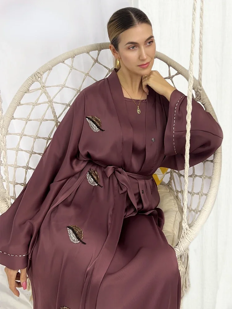 Eid Muslim Kimono Abaya Modest Hijab Dress Handmade Beaded Summer Open Abayas for Women Dubai Islamic Clothing Party Kaftan Robe