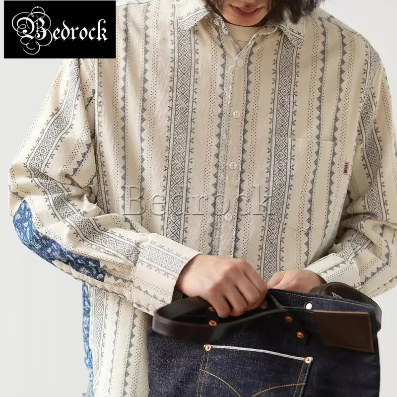 MBBCAR Mens Striped Shirt Men Long Sleeve Printed Patch Design Apricot Corduroy Casual Shirt Navajo Vintage Paisley Shirts 9361