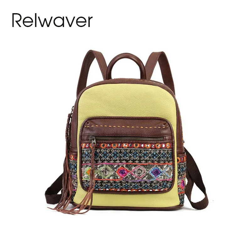

Relwaver women backpack genuine leather fabric Chinese style ethnic backpack 2024 spring summer leather backpack vintage bag