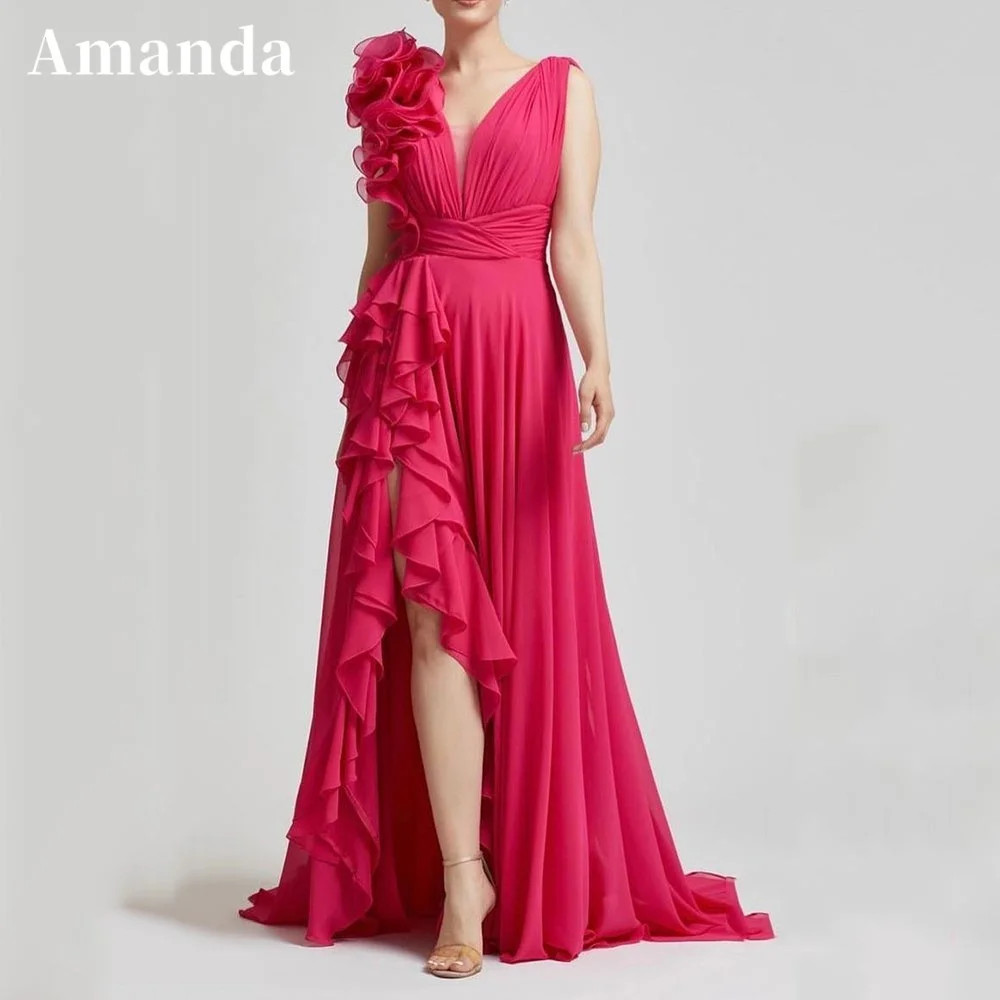 

Amanda Silk Chiffon Vestidos De Noche Hot Pink A-line Prom Dress 2023 Sexy Side Split Curled Sleeves فساتين مناسبة رسمية