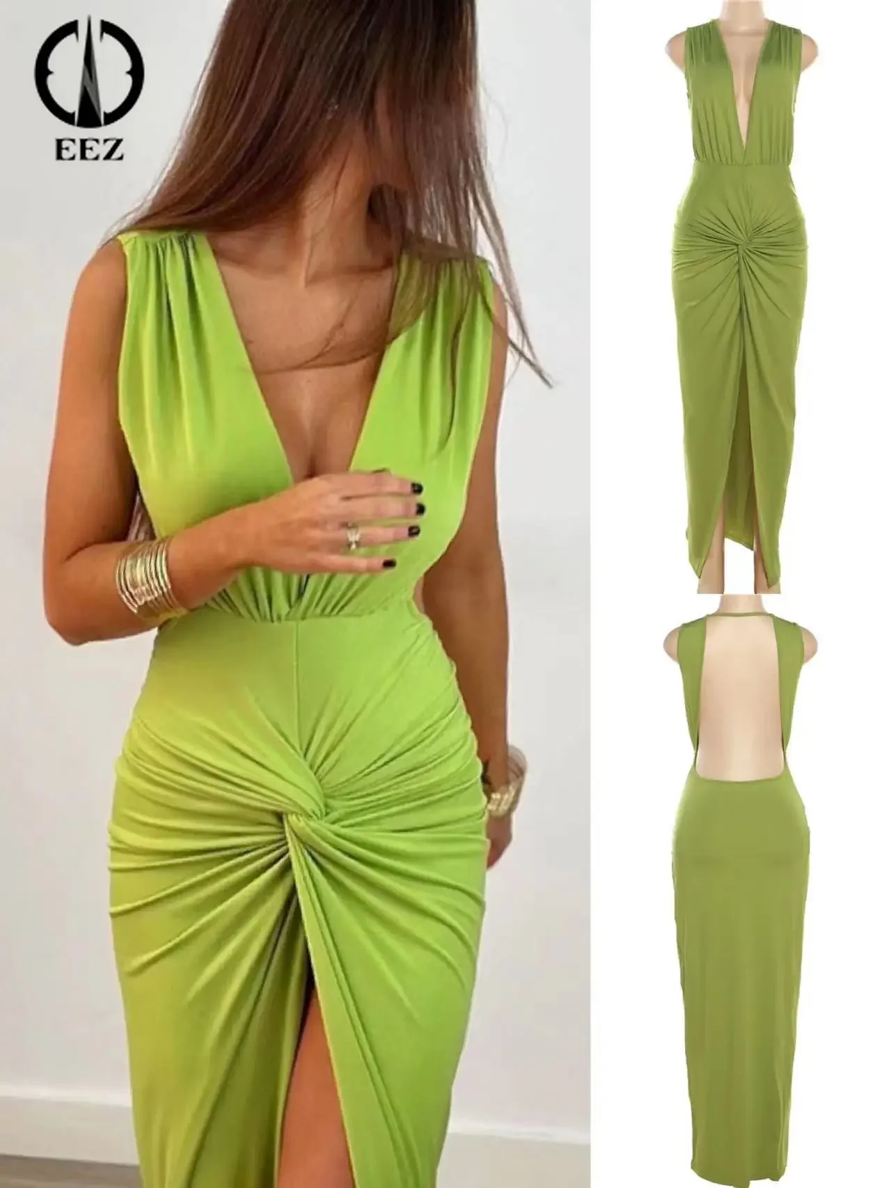 

Sexy Deep V-neck Backless Hight Split Maxi Dress Women Hipster Sleeveless Elegant Evening Style Robe Coquette Clubwear Y2k Dress
