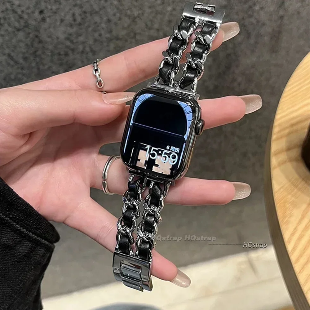 애플 워치 밴드용 가죽 메탈 스트랩, 아이워치 시리즈 9 SE 6 5 4 7 8 여성용 럭셔리 팔찌, 41mm, 40mm, 45mm, 44mm, 38mm, 42mm, 49mm