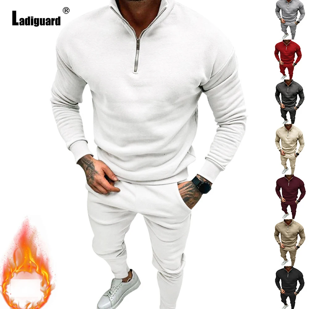 

Размера плюс мужские повседневные комплекты из двух предметов 2024, Модные свитшоты на молнии и однотонные брюки в европейском стиле, мужской спортивный костюм